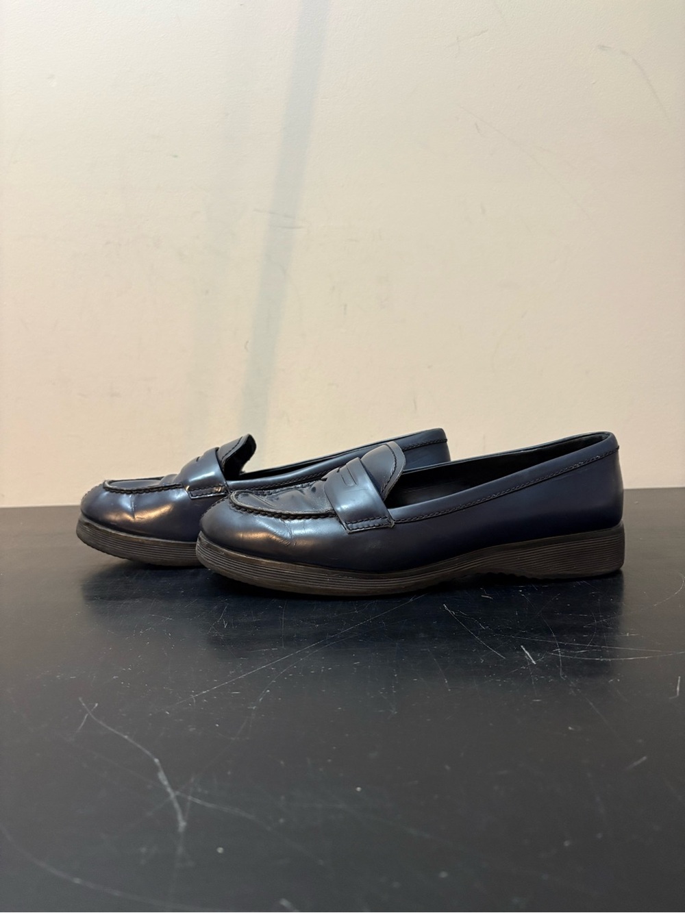 Prada Penny Strap Brushed Leather Loafers Navy Blue Black